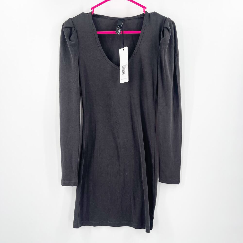 BOBI LOS ANGELES Dress Size Small Gray NWT Mini Long Sleeve Puff V-Neck Ribbed